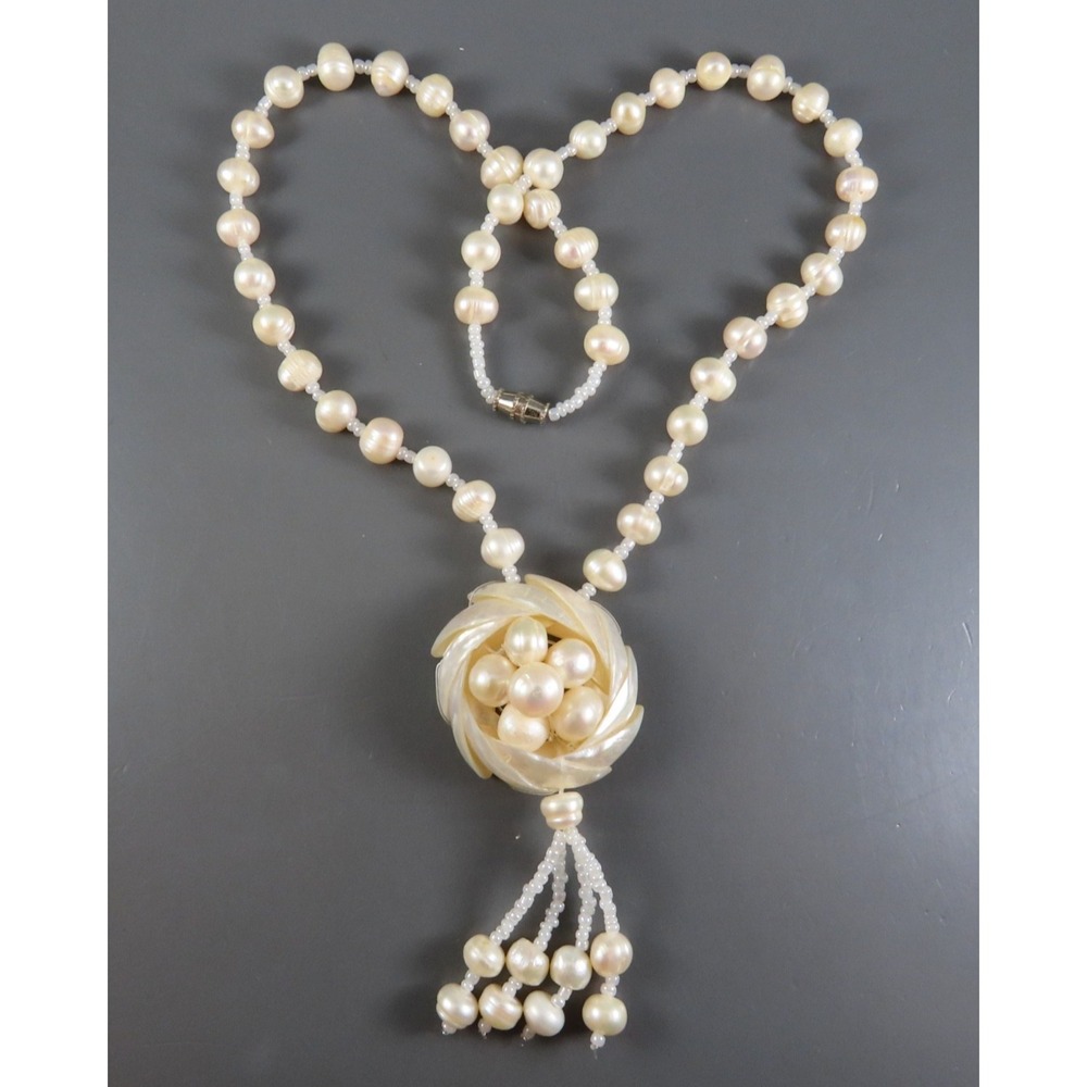 LOVELY PEARL NECKLACE Off-White Pearls TASSEL PENDANT Beaded WHITE AB BEADS